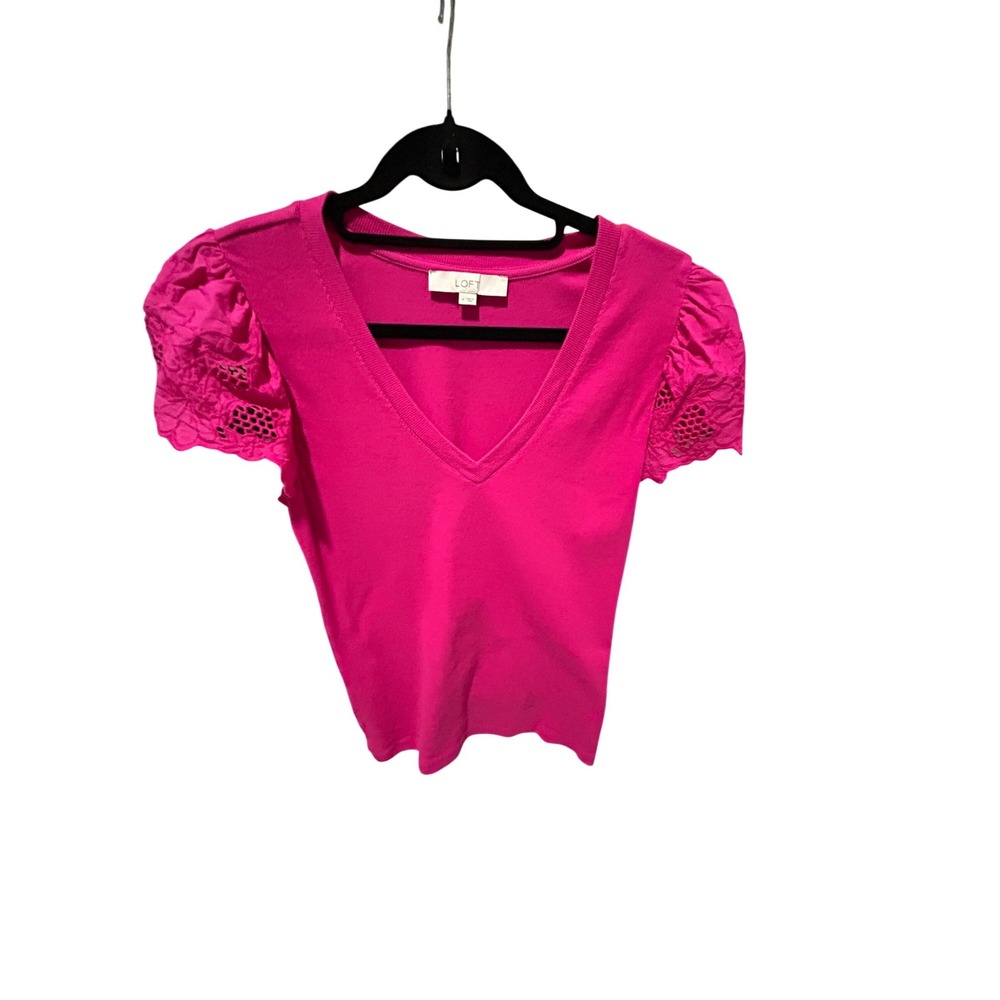 LOFT Womens Pink Ribbed V-Neck‎ Top Eyelet Puff Sleeve Knit Blouse Medium
